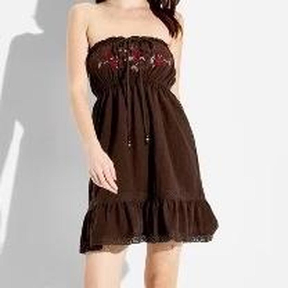 Wild Fable Women's Brown Strapless Boho Embroidered Floral Mini Dress